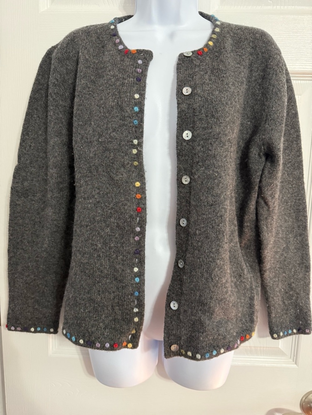 Womens Gray Button-Front Cardigan with Multicolor Accent